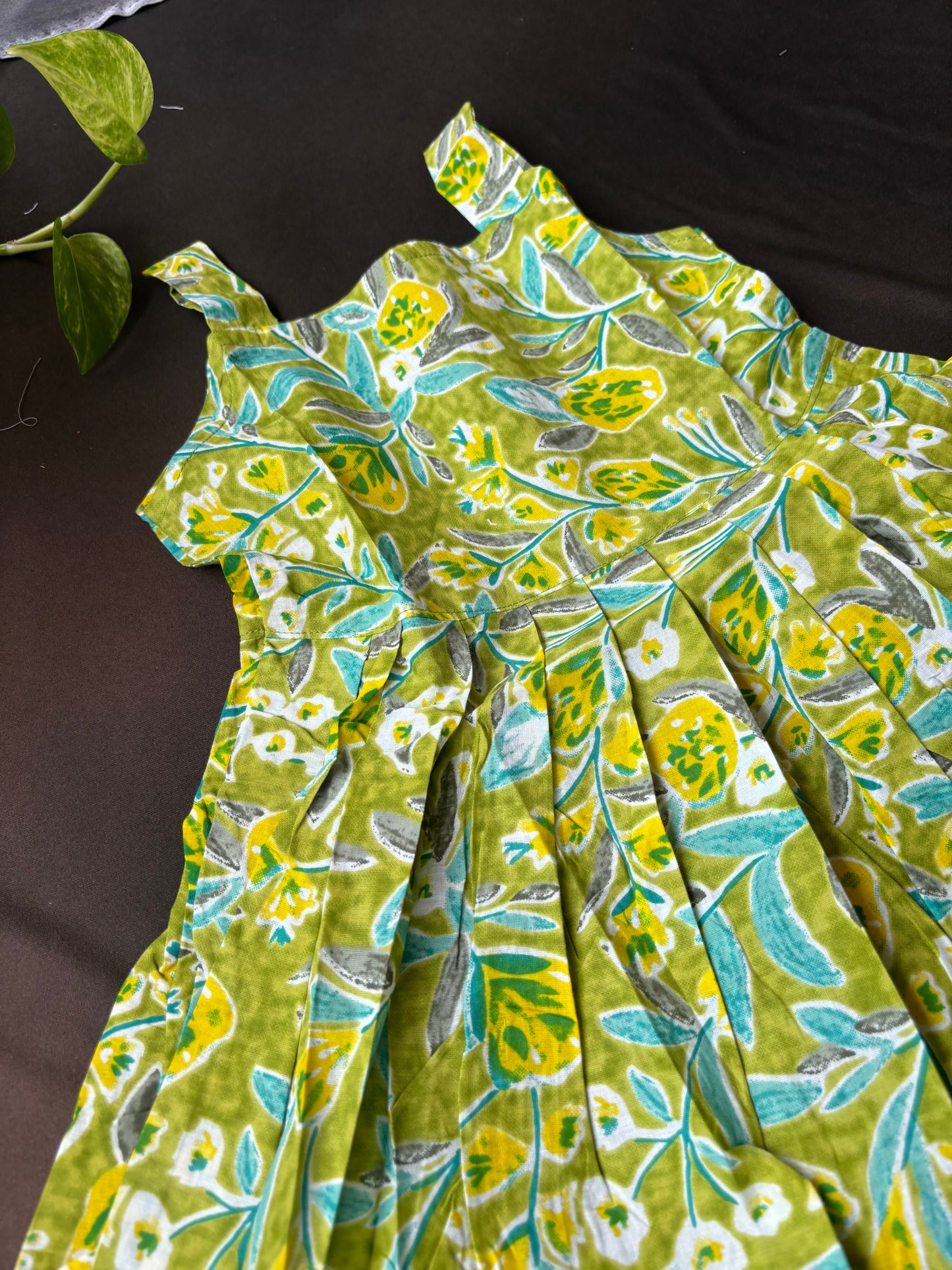 Green Floral Pleated Cotton Frock