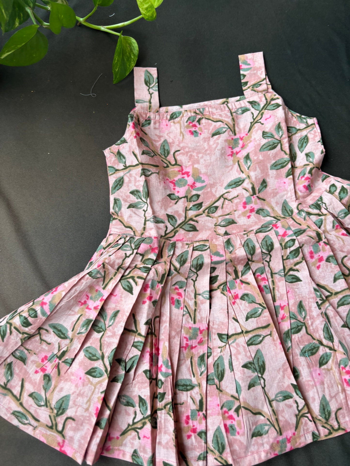 Blush Pink Floral Pleated Cotton Frock