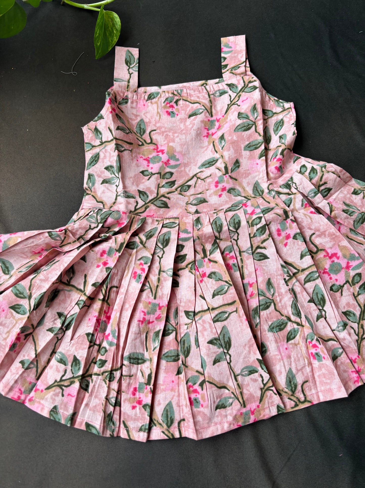 Blush Pink Floral Pleated Cotton Frock