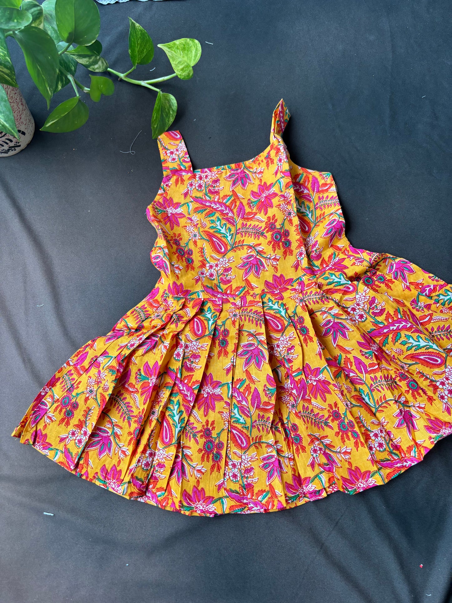 Sunset Mustard Floral Pleated Cotton Frock