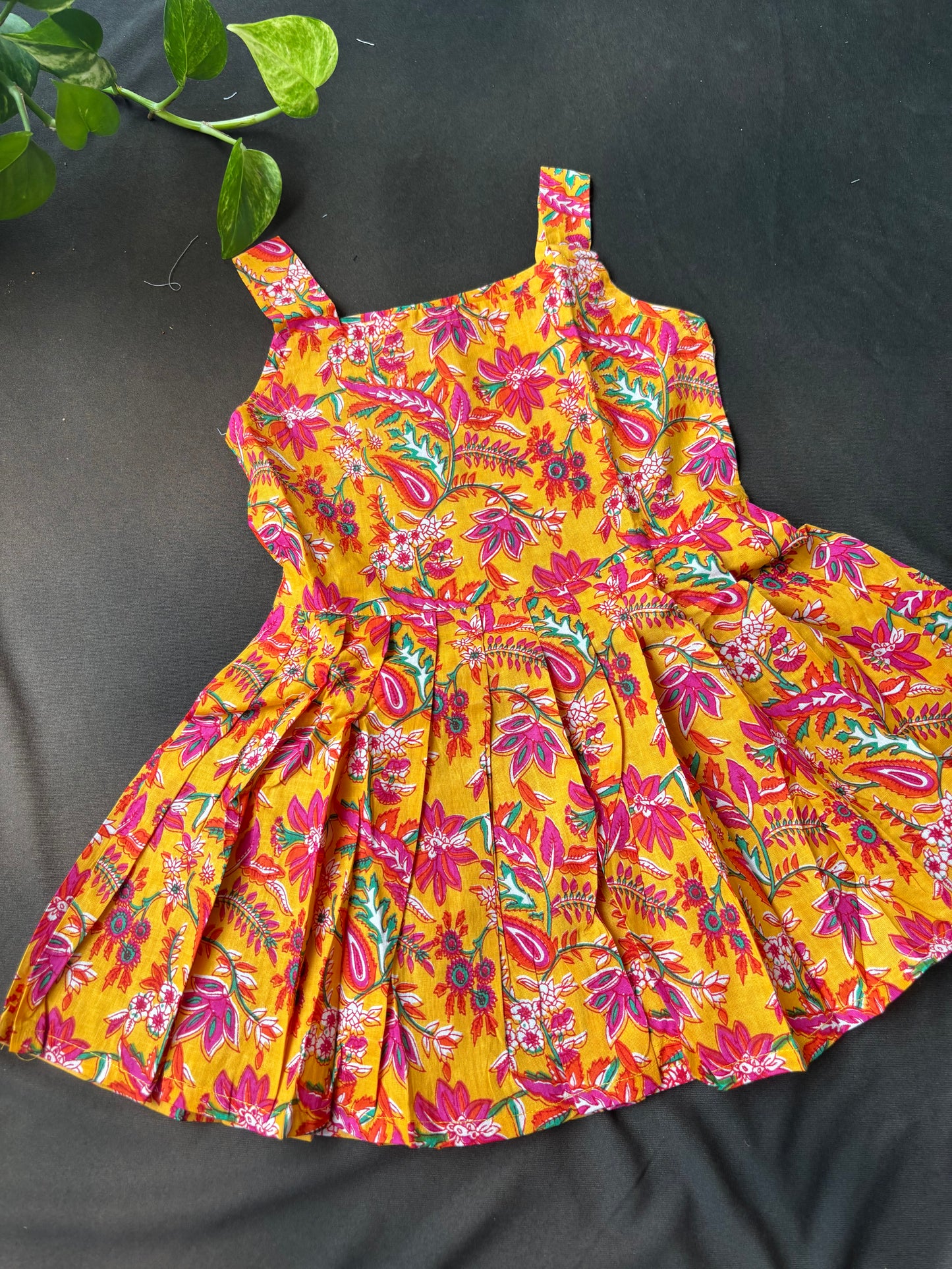 Sunset Mustard Floral Pleated Cotton Frock