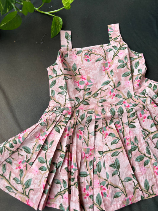 Blush Pink Floral Pleated Cotton Frock