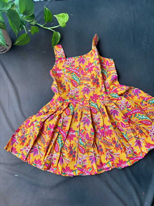 Sunset Mustard Floral Pleated Cotton Frock