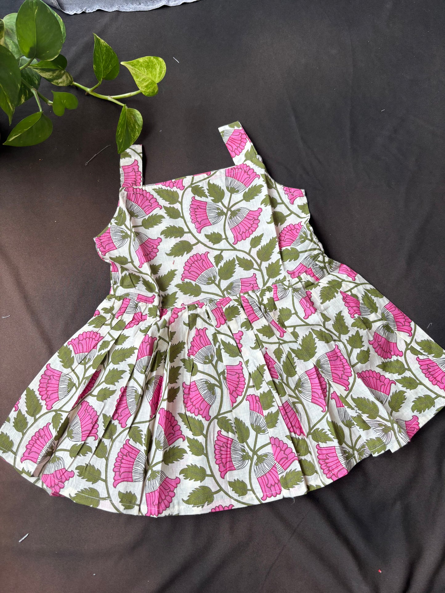 Blush Pink Floral Pleated Cotton Frock