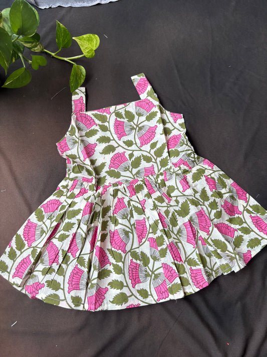 Blush Pink Floral Pleated Cotton Frock