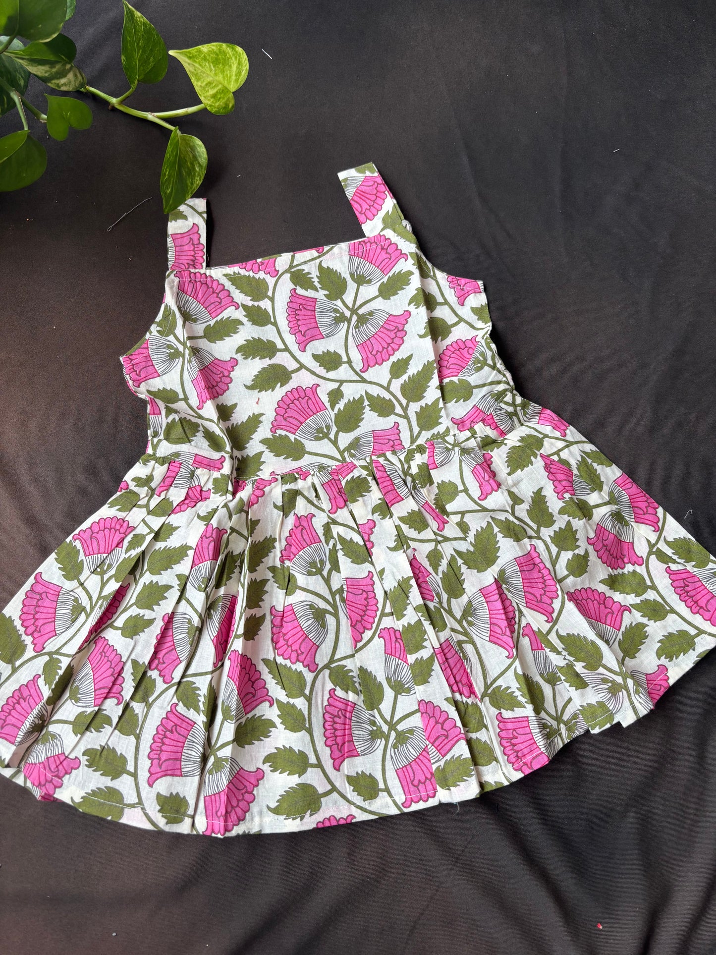Blush Pink Floral Pleated Cotton Frock