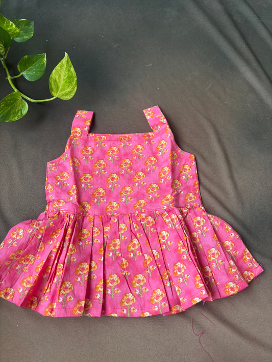 Pink Floral Pleated Cotton Frock