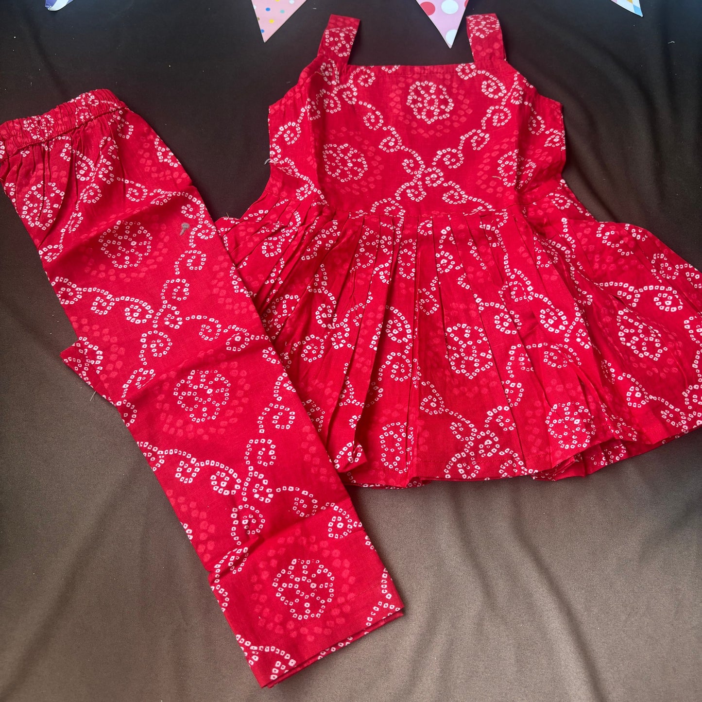 girls red bandhini co-ord set