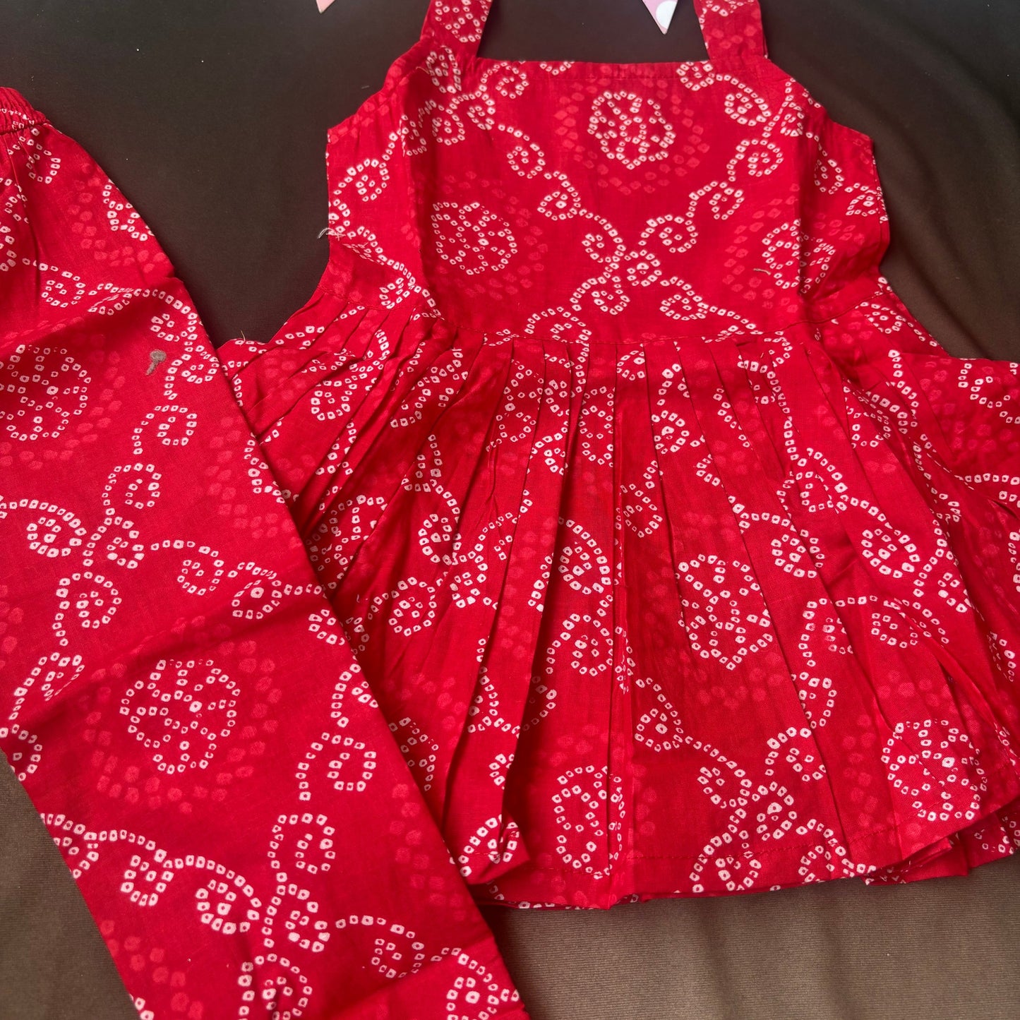 girls red bandhini co-ord set