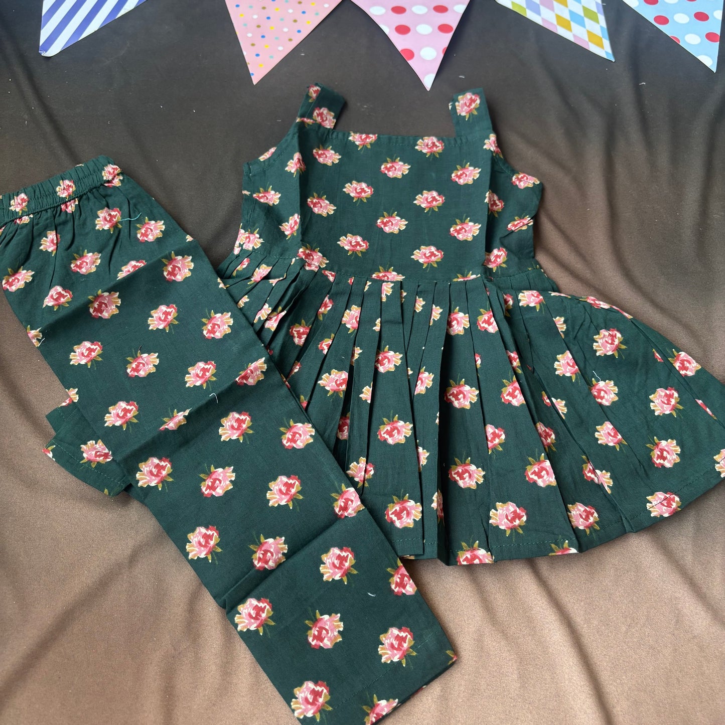 girls bottle green with floral print co-ord set