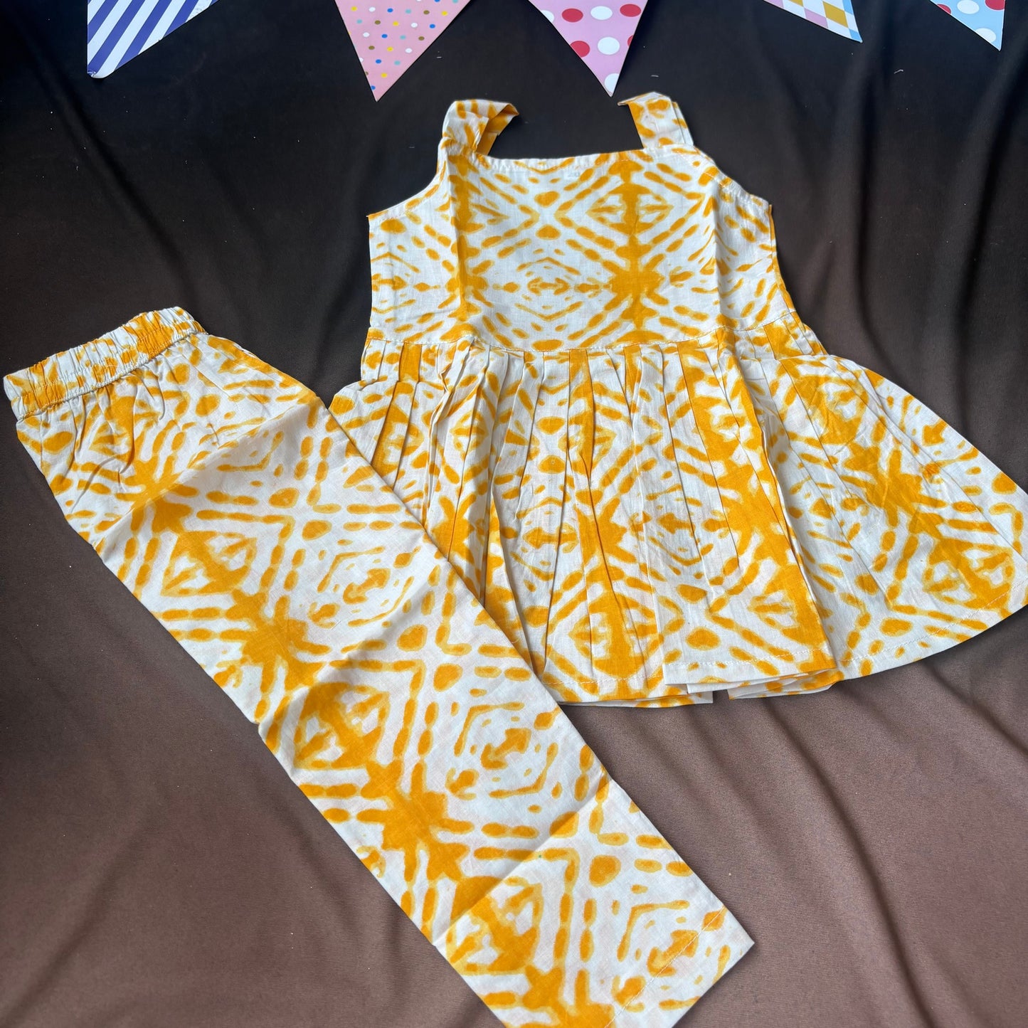 girls white and yellow geometric print co-ord set