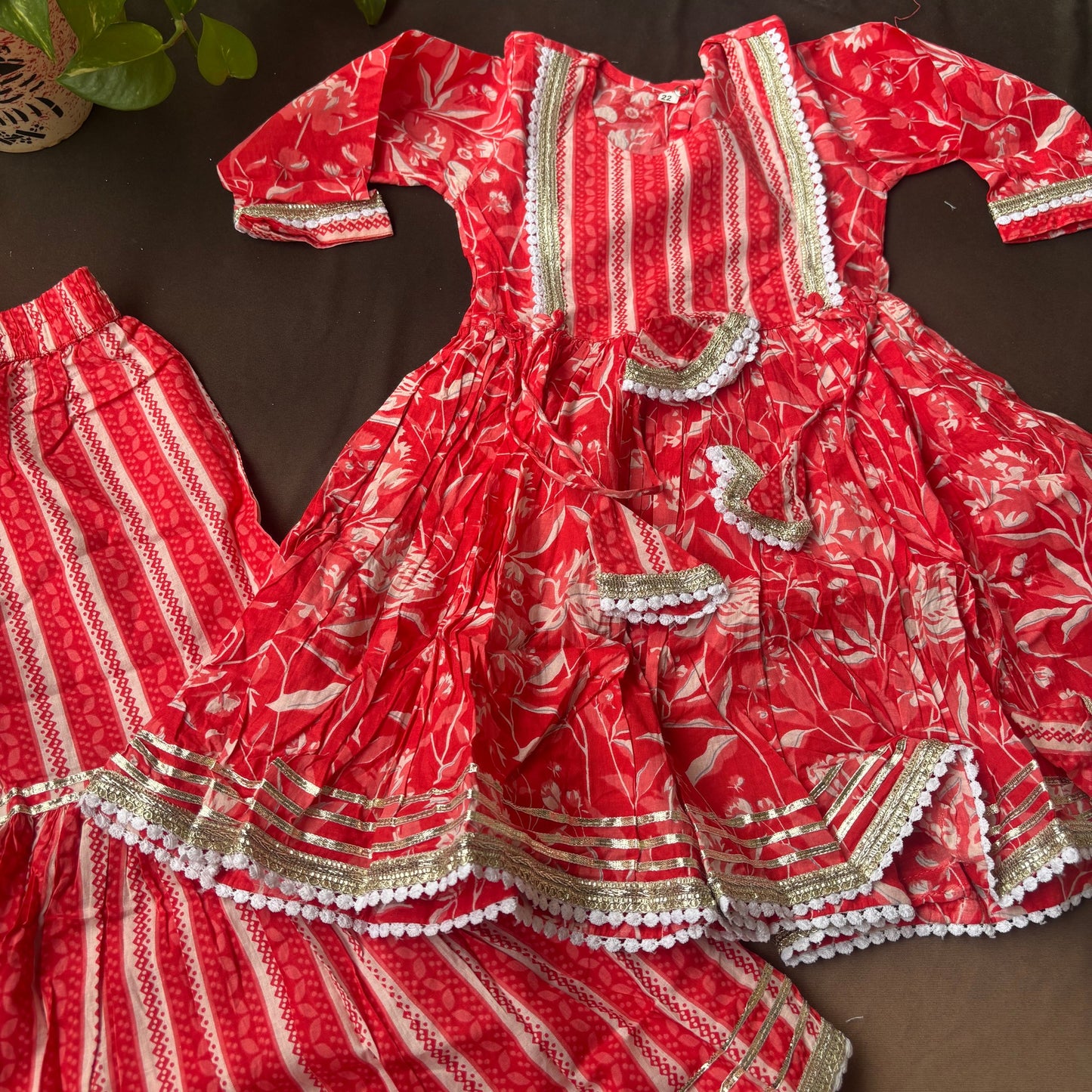 Girls' Red Floral & Stripe  Sharara Set