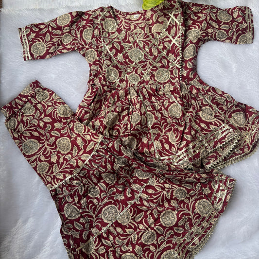Maroon Floral Block Print Sharara Set