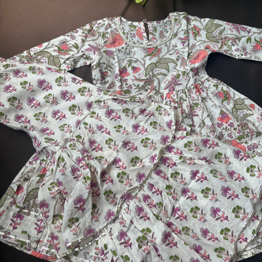 Floral Ivory Block Print Sharara Set