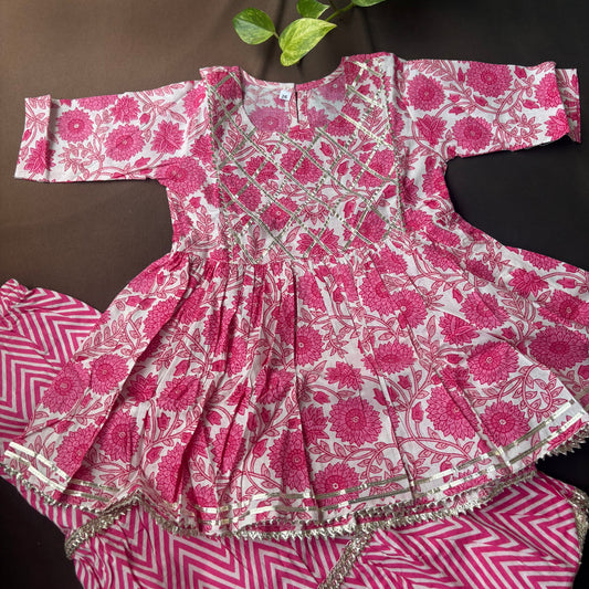 Pink Floral & Chevron Block Print Sharara Set