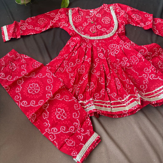Red Bandhani  Kurta With Afghani Pant