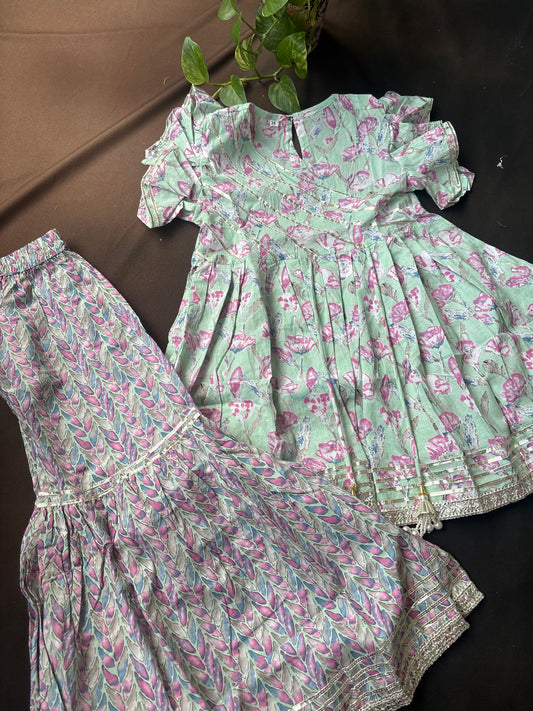 Mint Floral & Leaf Print Sharara Set