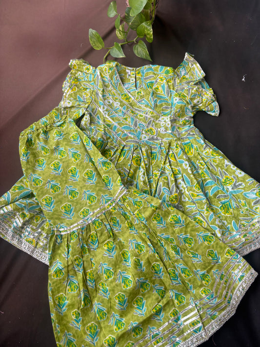 Olive Green Blossom Sharara Set
